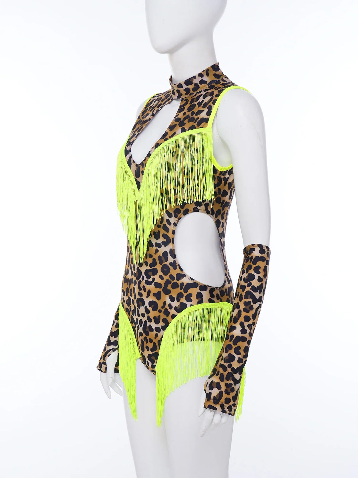 Leopard Cutout Bodysuit & Fringe Sleeves 2-Piece Latin Ballroom Stage Costume Set