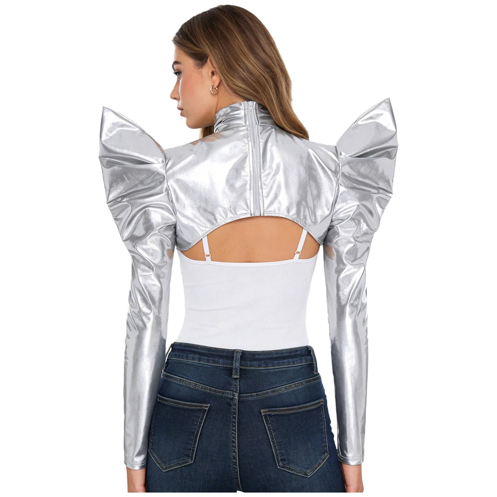 Metallic Shoulder Armor Shrug Crop Top & Sleeves Futuristic Pauldron Stage Costume