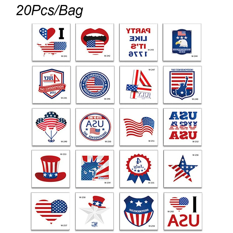 4th of July Temporary Tattoos 20 Sheets USA American Flag Waterproof Tattoos Stickers for Independence Day Patriotic Theme Party