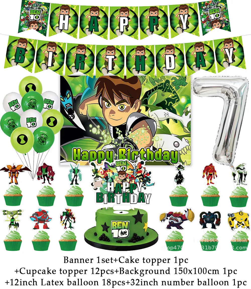 Cartoon Ben-10 Birthday Party Decoration Balloons Favor Set Banner Cake Toppers Baby Shower Boys Gift Party Supplies Photo Prop