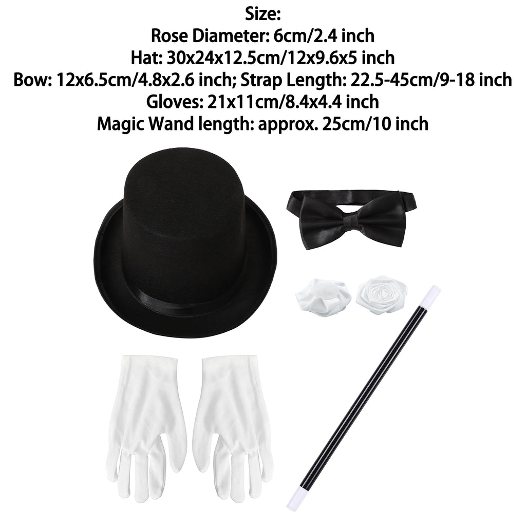 Halloween Magician Costume Accessories Bowler Hat Gloves Satin Bow Tie Ribbon Roses And Magic Wand Props for Masquerade Party - Big Tim's Magic Emporium