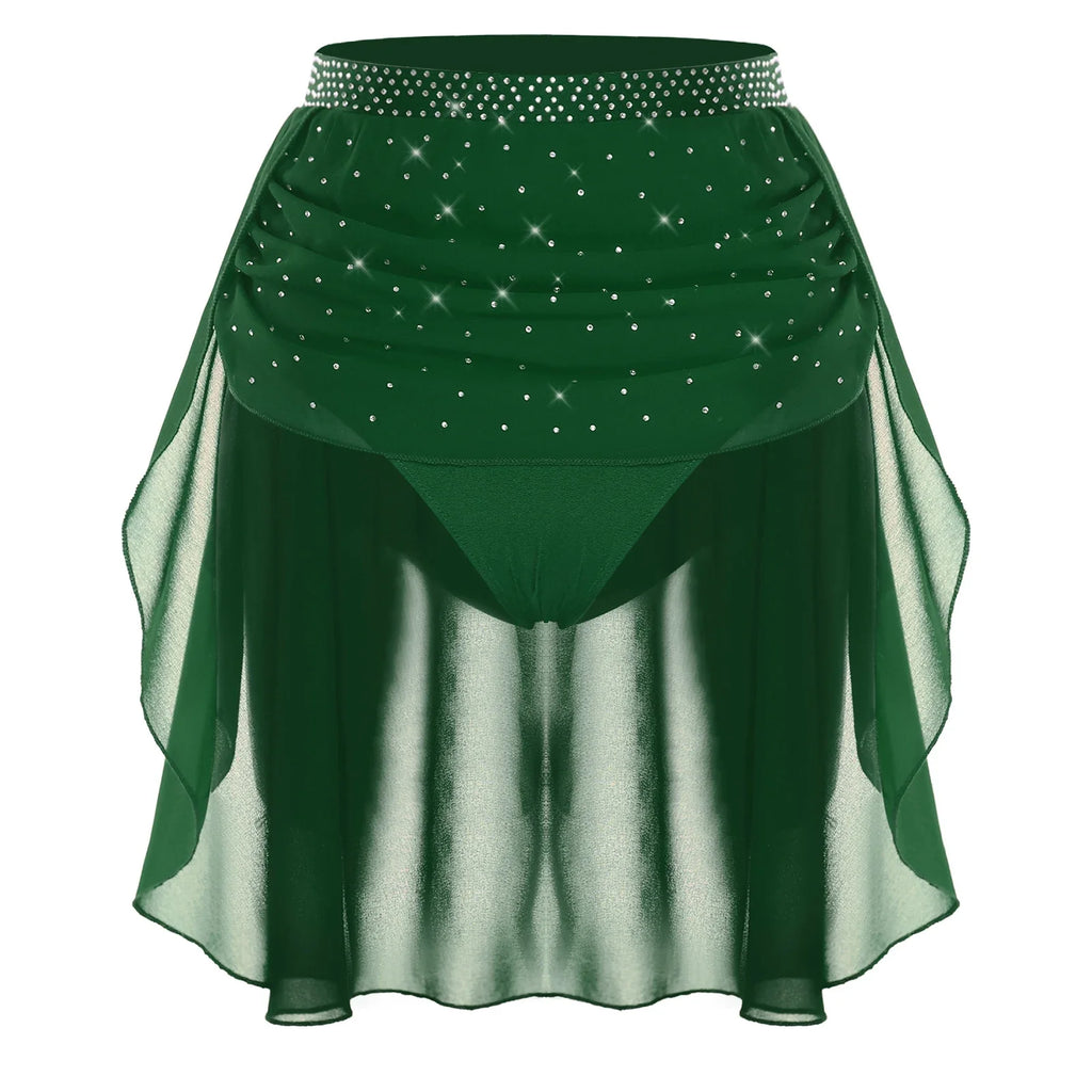 Womens Modern Lyrical Dance Skirt Performance Costume Sparkly Rhinestone Irregular Chiffon Hem Built-in Briefs Skirt Dancewear