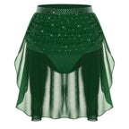 Womens Modern Lyrical Dance Skirt Performance Costume Sparkly Rhinestone Irregular Chiffon Hem Built-in Briefs Skirt Dancewear