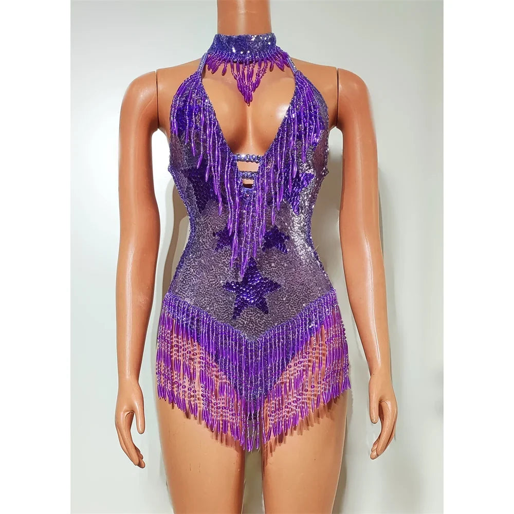 Royal Purple Rhinestone Fringe Bodysuit & Statement Hat Stage Performance Dance Costume Set