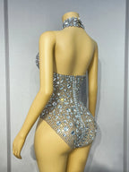 Silver Rhinestone High-Cut Backless Stage Bodysuit Dance Performance Leotard