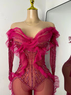 Sparkly Diamonds Women Long Sleeve See Through Mesh Tight Jumpsuit Costume Nightclub Dancer Outfit Performance Stage Wear