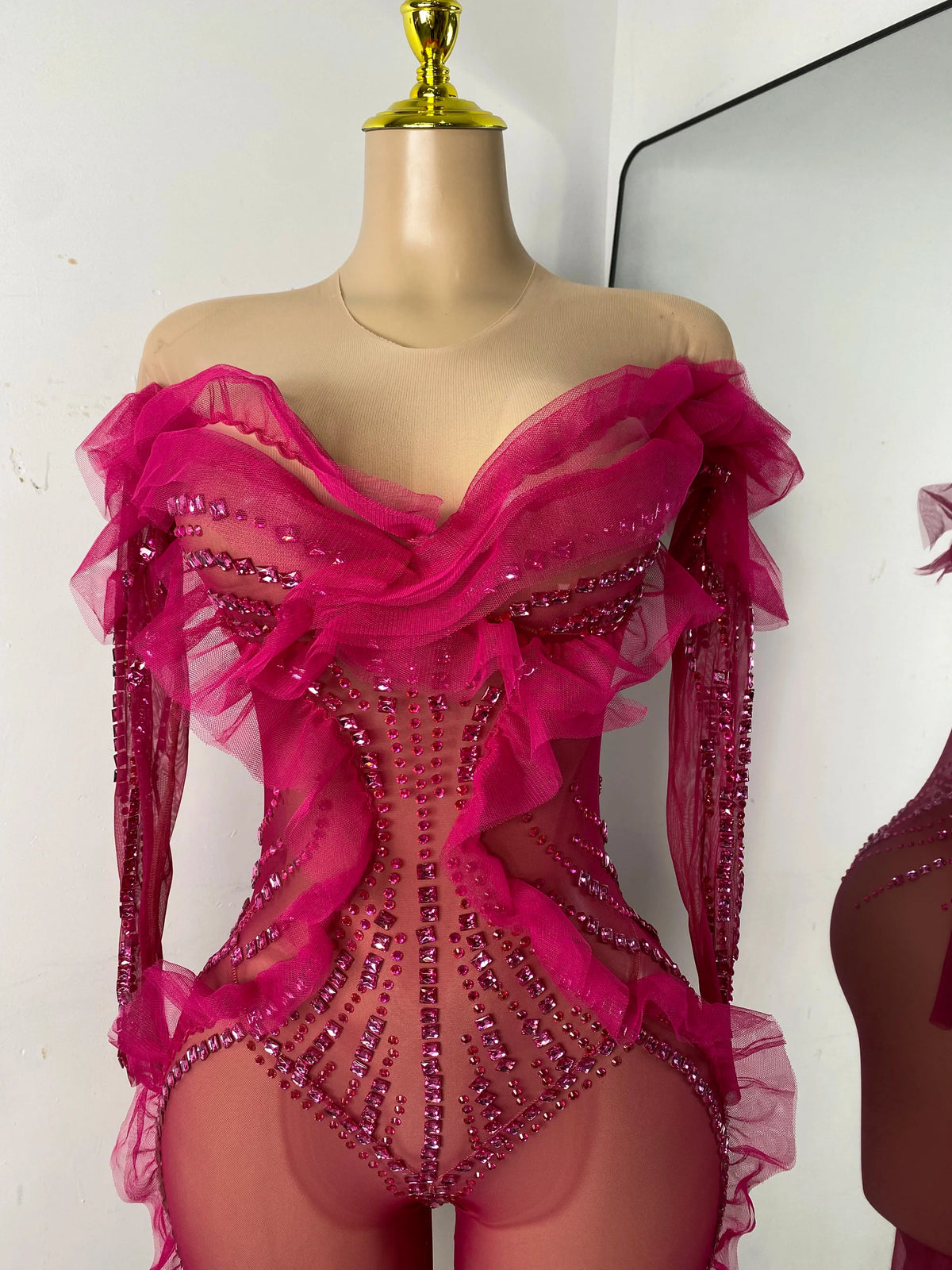 Sparkly Diamonds Women Long Sleeve See Through Mesh Tight Jumpsuit Costume Nightclub Dancer Outfit Performance Stage Wear