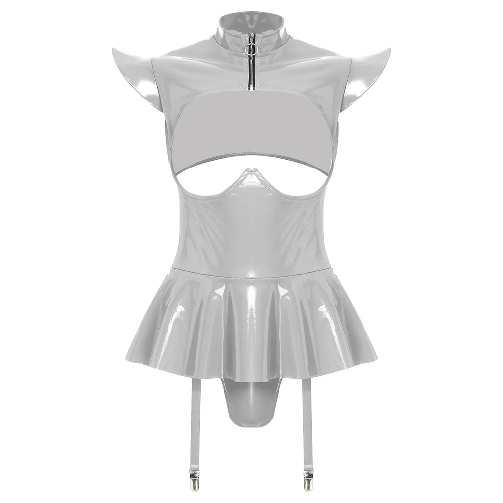 Glossy Wet-Look Halter Romper Bodysuit with Flared Skirt Hem & Integrated Garters