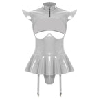 Glossy Wet-Look Halter Romper Bodysuit with Flared Skirt Hem & Integrated Garters