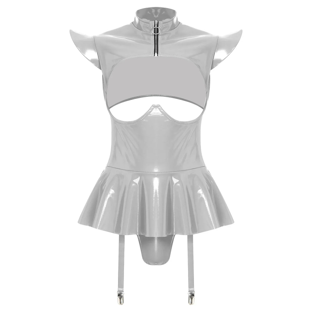 Glossy Wet-Look Halter Romper Bodysuit with Flared Skirt Hem & Integrated Garters