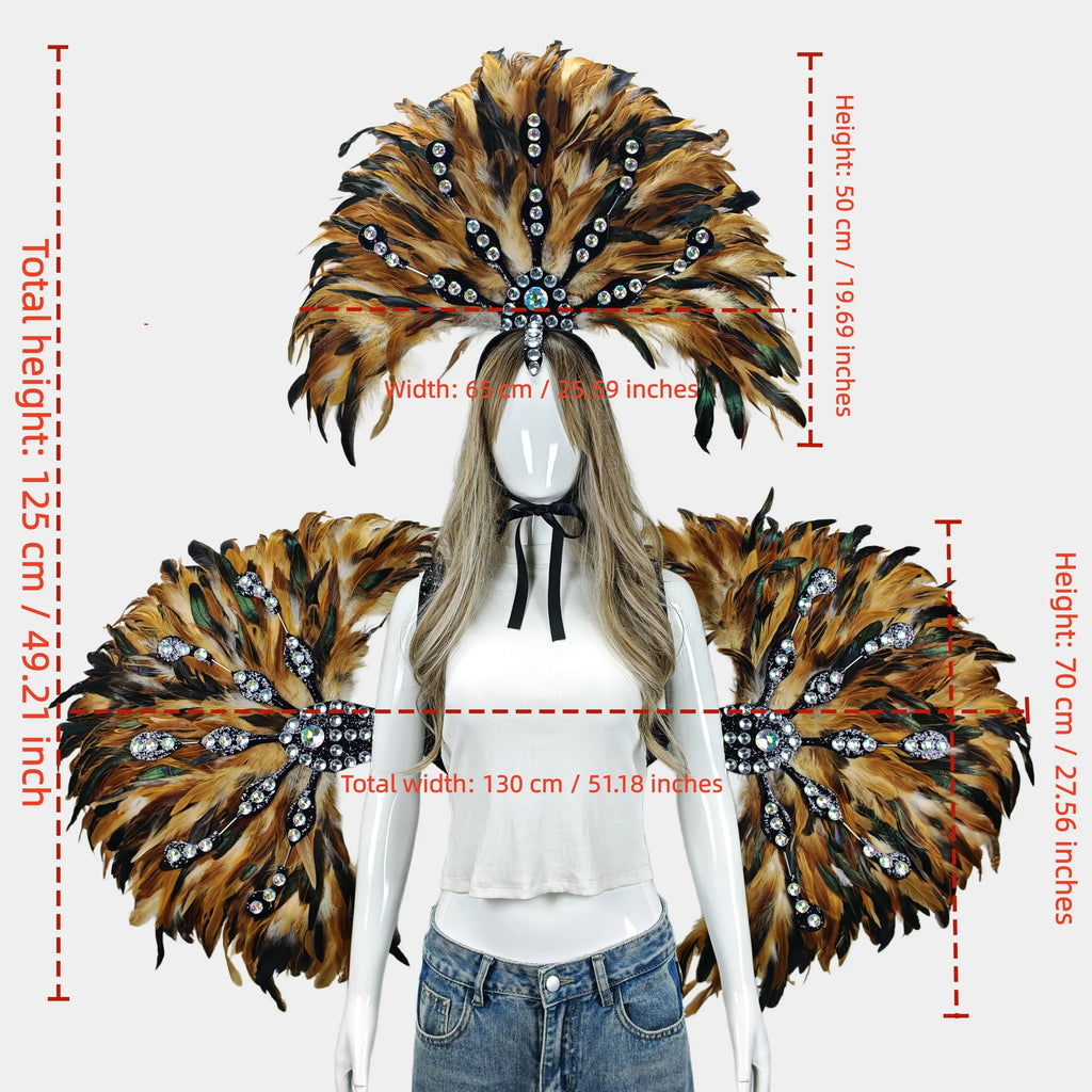 Unisex Artisanal Feather Headdress & Wings Carnival Performance Set