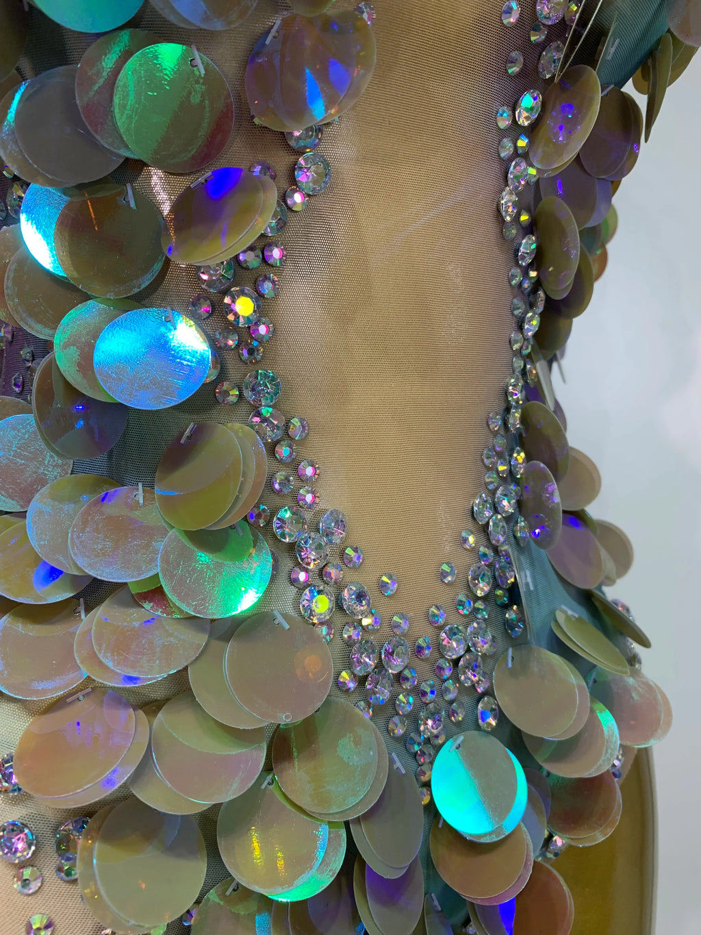 Iridescent Mermaid Scale Sequin & Rhinestone Illusion Bodysuit Stage Costume
