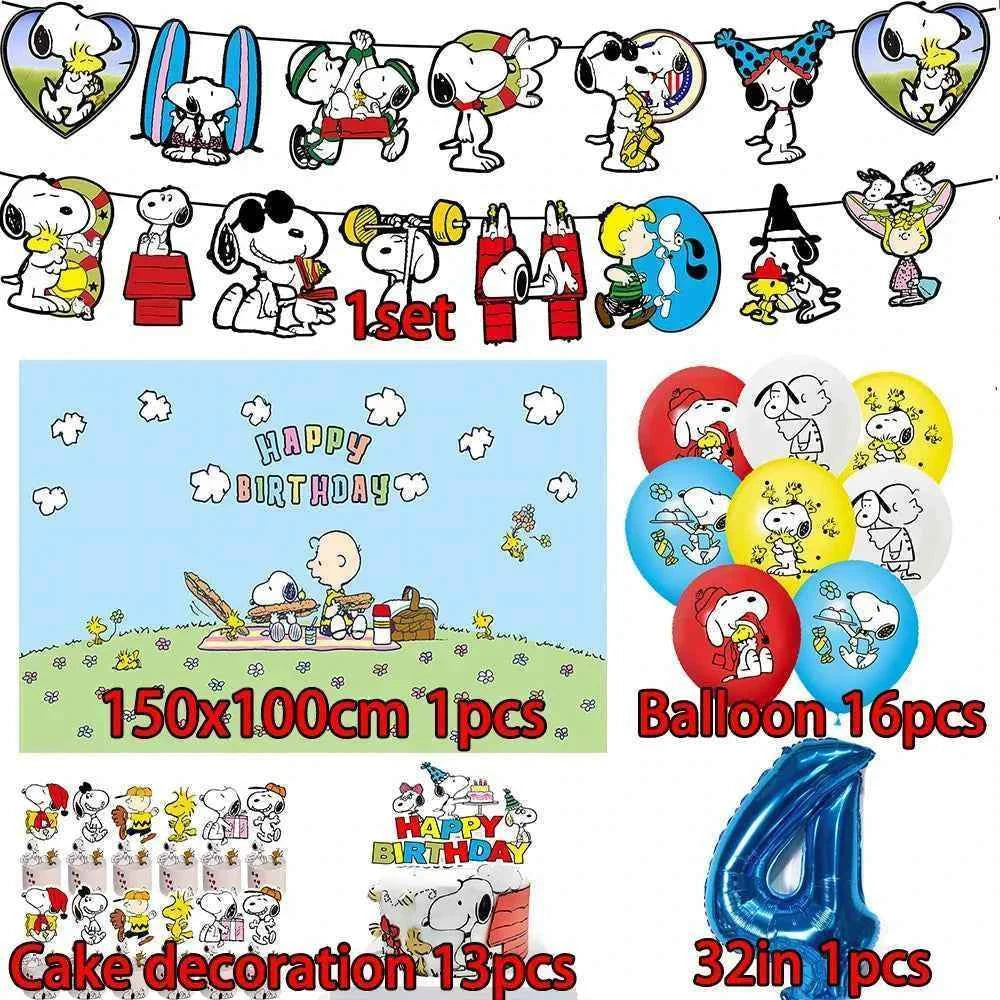 Cartoon Snoopys Birthday Decoration Set Banners Cake Toppers Balloons Backdrops Kids Birthday Gifts Baby Shower Party Supplies