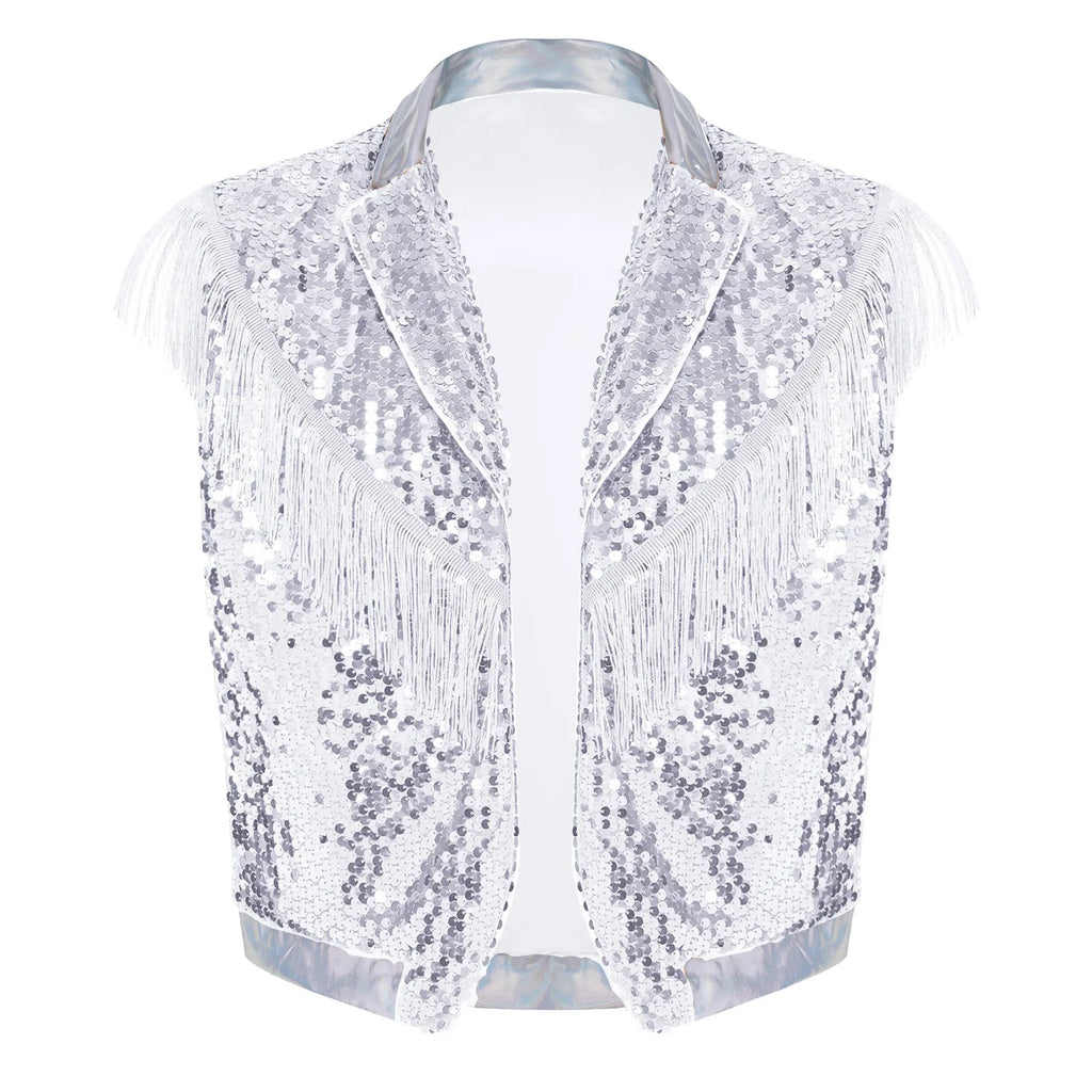 Men's Metallic Sequin Tassel Open-Front Vest Lapel Collar Sleeveless Stage Dance Waistcoat
