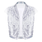Men's Metallic Sequin Tassel Open-Front Vest Lapel Collar Sleeveless Stage Dance Waistcoat