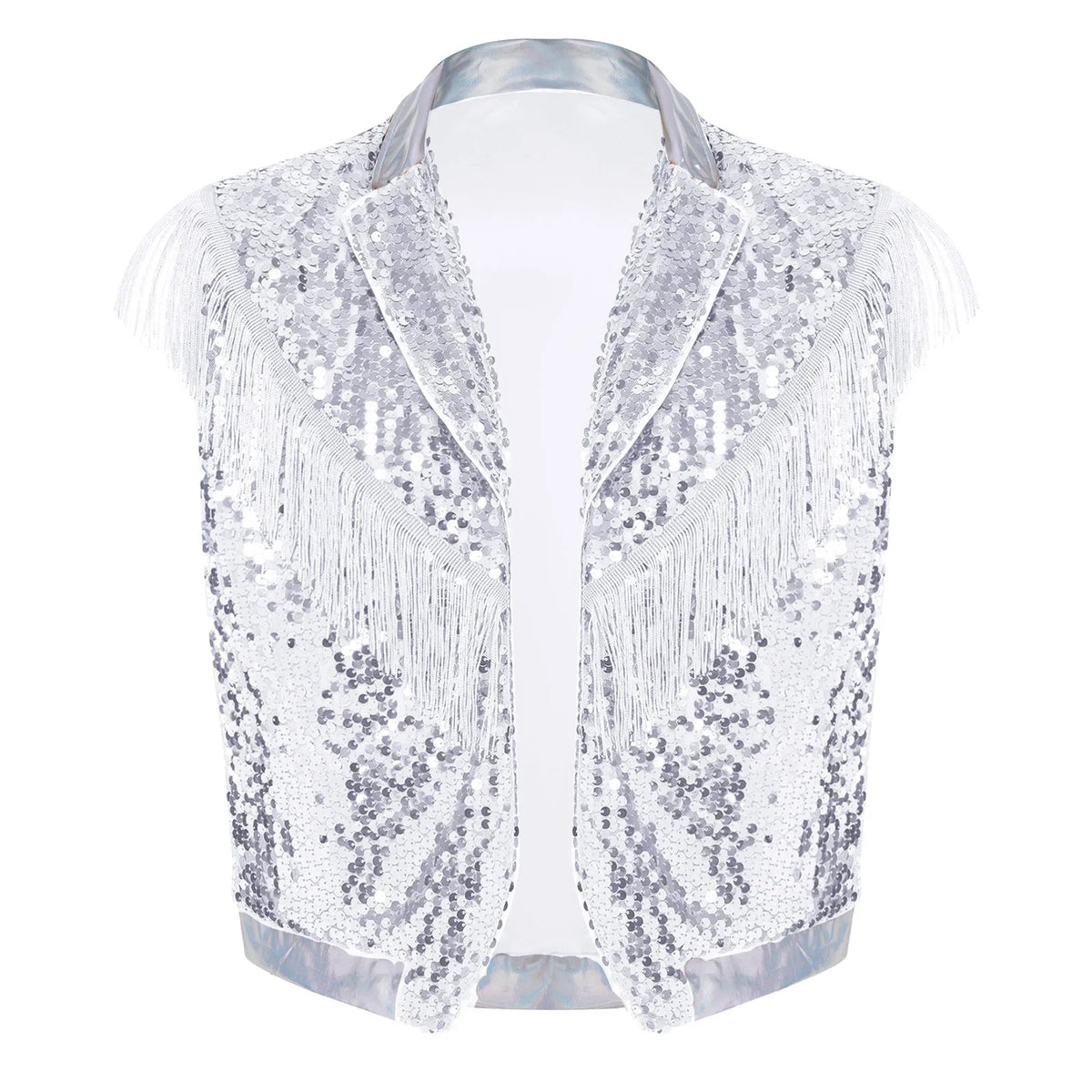 Men's Metallic Sequin Tassel Open-Front Vest Lapel Collar Sleeveless Stage Dance Waistcoat