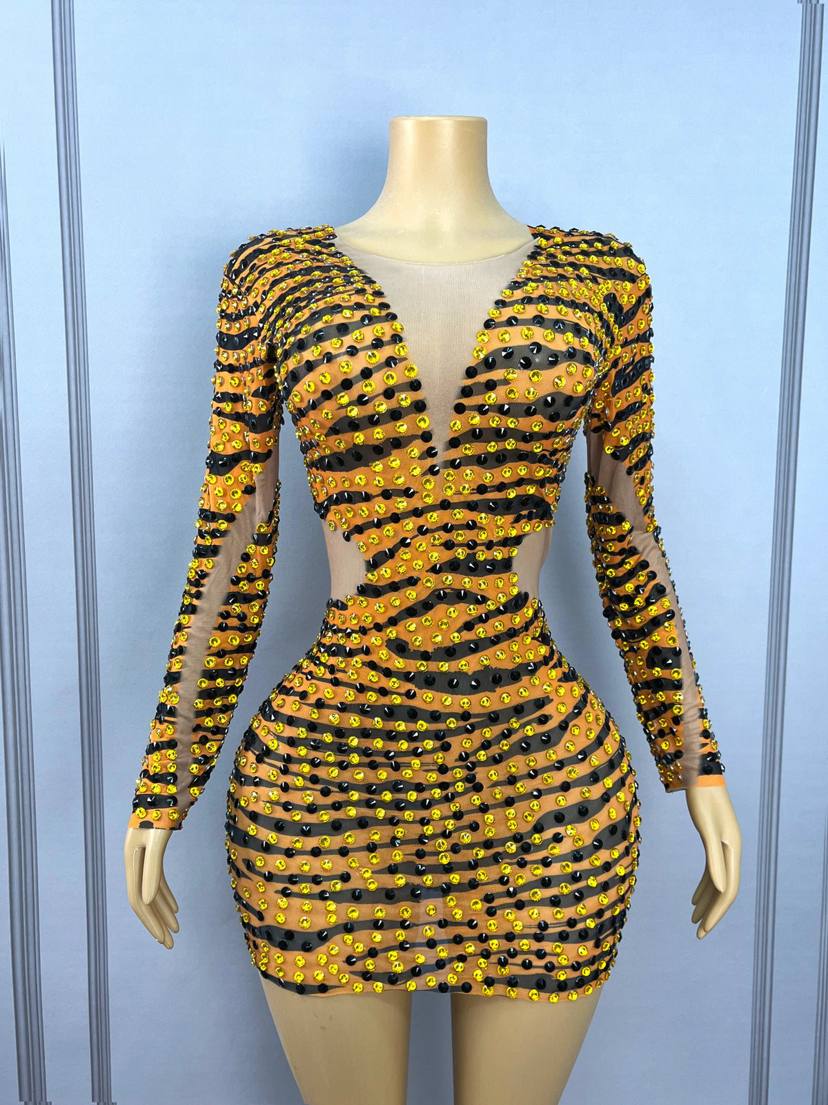 Tiger Print Rhinestone Mesh Long-Sleeve Mini Dress Deep V-Neck Stage Costume
