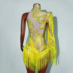 Leopard Sequin Fringe Asymmetrical Bodysuit One-Sleeve Stage Performance Costume