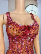 Crimson Sequin Strip & Crystal Rhinestone Bodysuit Illusion Mesh Sleeveless Leotard Stage Costume