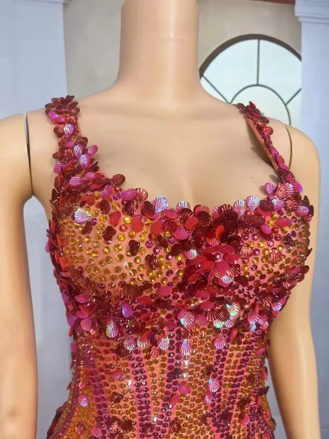 Crimson Sequin Strip & Crystal Rhinestone Bodysuit Illusion Mesh Sleeveless Leotard Stage Costume