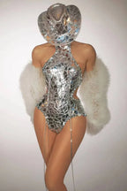 Silver Mirror Asymmetrical Bodysuit, Sculpted Captain Hat & Puffer Bolero Coat 3-Piece Stage Costume Set