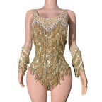 Gold Sparkly Rhinestone, Sequin & Tassel Bodysuit Stage Performance Costume