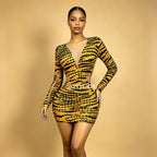 Tiger Print Rhinestone Mesh Long-Sleeve Mini Dress Deep V-Neck Stage Costume