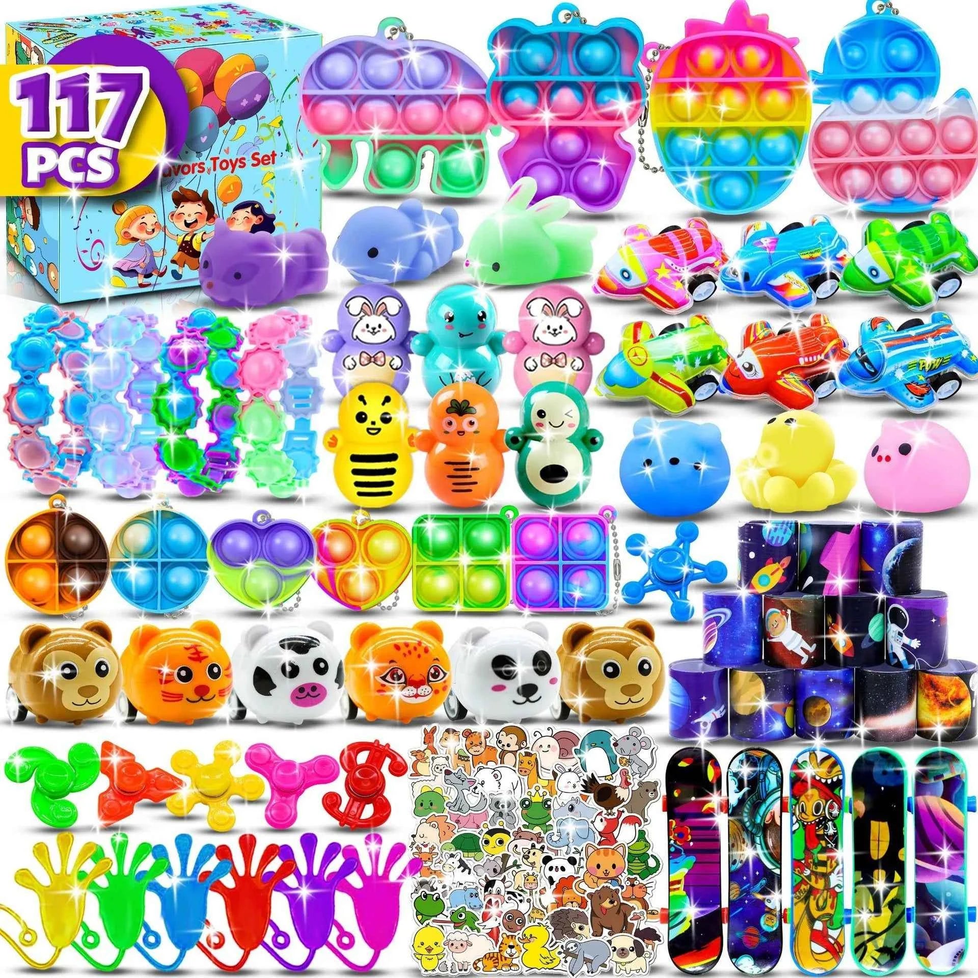 117/124Pc Kids Birthday Party Popular Pinata Stuffed Toy Finger Skateboard Tumbler Fidget Toys Carnival Prize Pinata Filler Gift