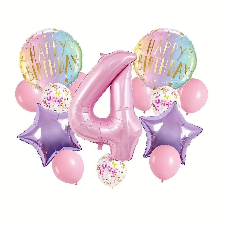Pink Birthday Party Balloon Set, Includes 40inch Numbers 1-6 and 18inch Light Purple and Red Star-Shaped Foil Balloons, Suitable for Birthday, Wedding, and Other Party Decorations and Celebration Photo Props
