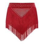 Rhinestone Tassel High-Waist Dance Shorts & Sheer Mesh Fringe Skirt