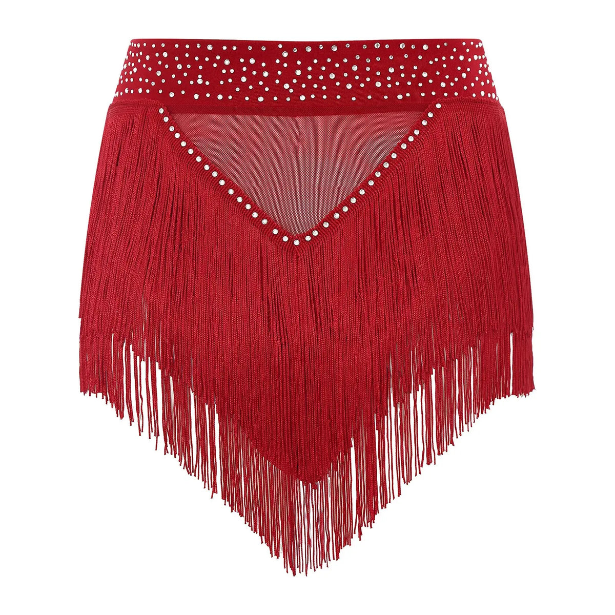 Rhinestone Tassel High-Waist Dance Shorts & Sheer Mesh Fringe Skirt