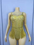 Gold Crystal Rhinestone Chain High-Cut Stage Performance Bodysuit Leotard