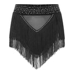 Rhinestone Tassel High-Waist Dance Shorts & Sheer Mesh Fringe Skirt