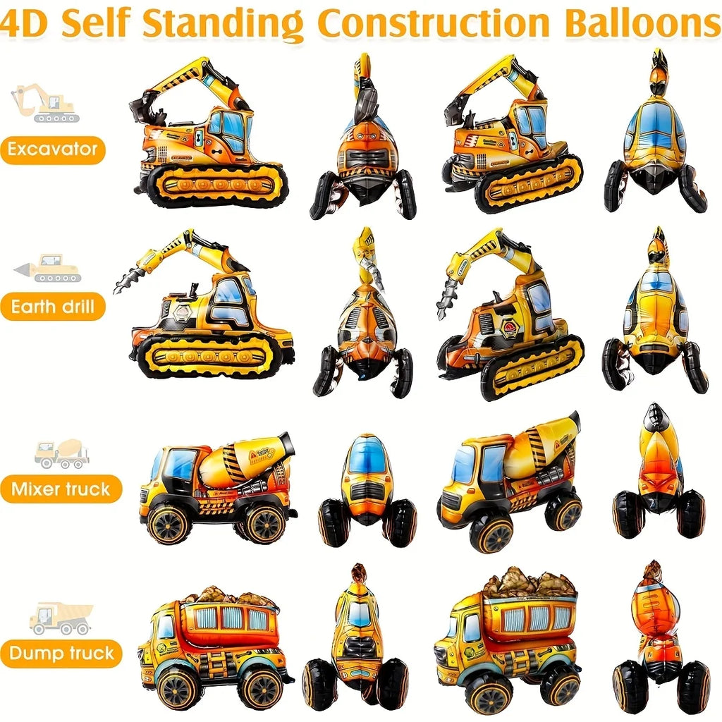 4Pcs 4D Building Balloon Birthday Party Supplies Excavator Vehicles Dump Truck Mixer Truck Aluminum Foil Balloons Party Decor