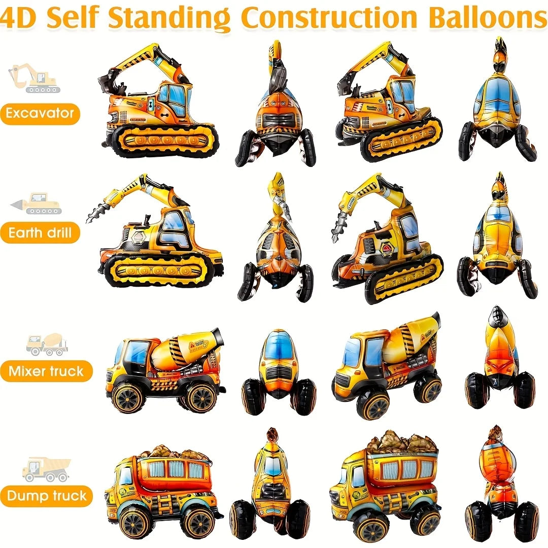 4Pcs 4D Building Balloon Birthday Party Supplies Excavator Vehicles Dump Truck Mixer Truck Aluminum Foil Balloons Party Decor