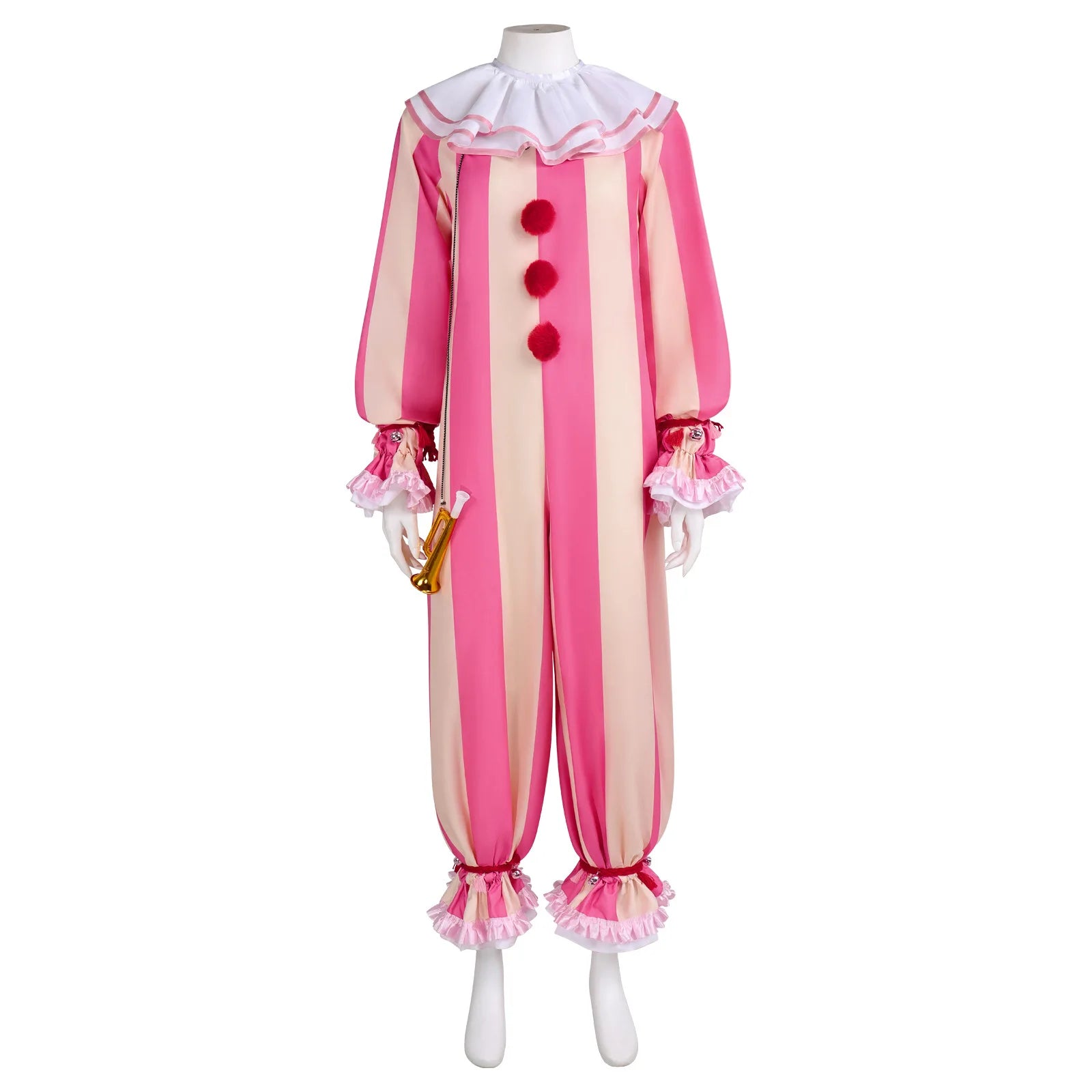 Playful Circus Clown Cosplay Costume Pink Striped Jumpsuit for Men Women Halloween Party Carnival Disguise Dress Outfits - Big Tim's Magic Emporium