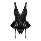 Glossy Wet-Look Halter Romper Bodysuit with Flared Skirt Hem & Integrated Garters