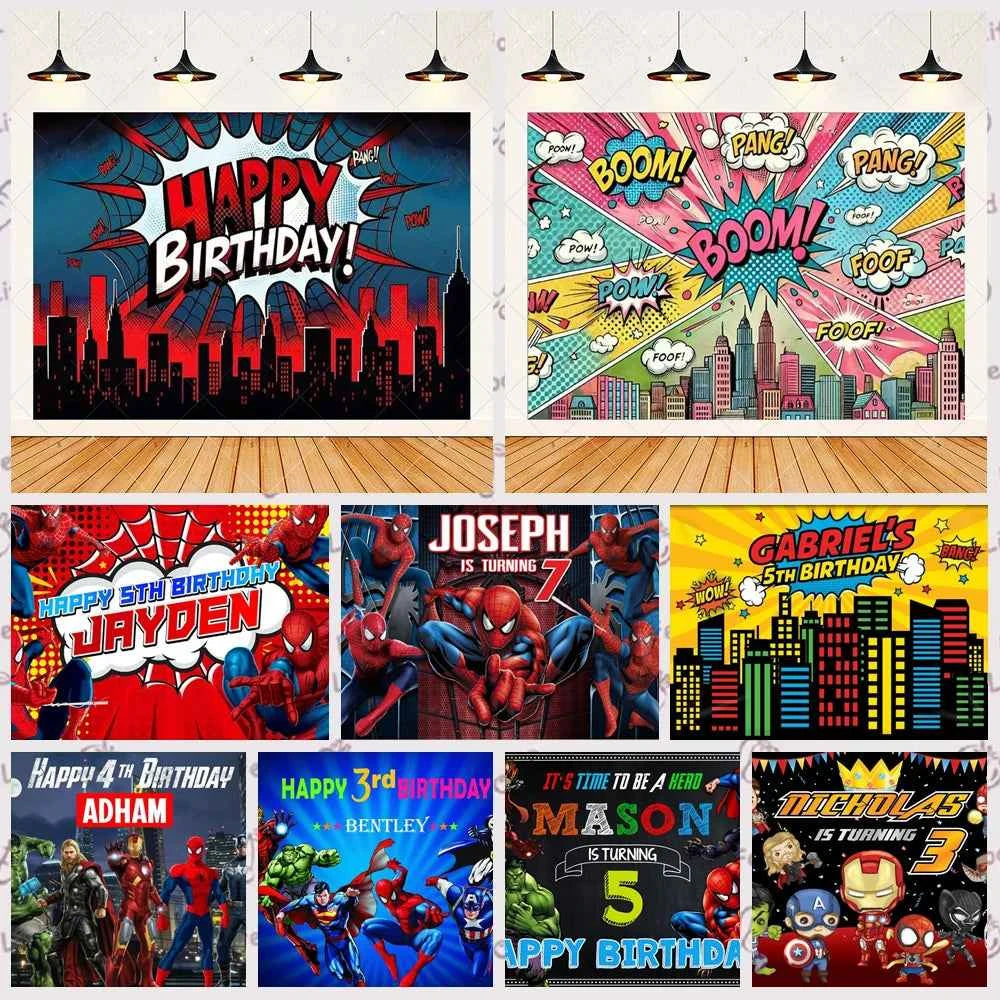 Customized Photography Studio Props Cartoon Superhero City Background Fecoration Children's Happy Birthday Outdoor Party Banner
