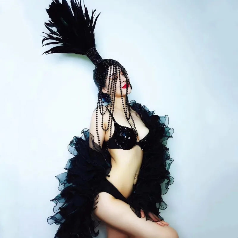 Red White Feather Beading Headgear Rhinestones Bikini Set for Nightclub Bar Leading Dance Team Model Show Performance Costume