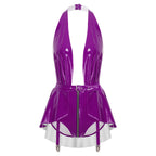Glossy Wet-Look Halter Romper Bodysuit with Flared Skirt Hem & Integrated Garters
