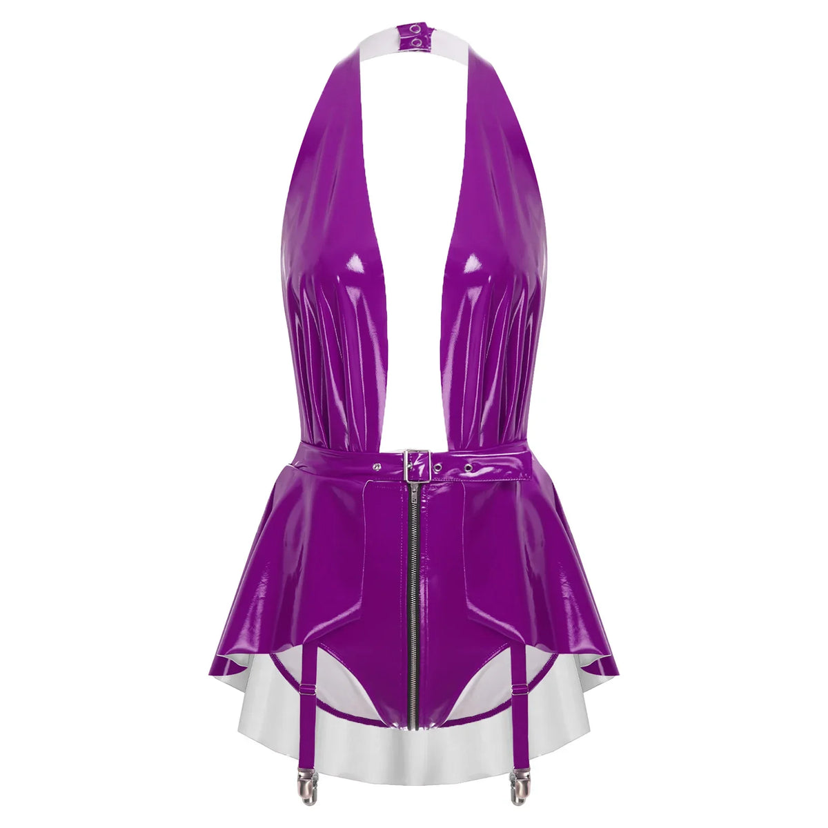 Glossy Wet-Look Halter Romper Bodysuit with Flared Skirt Hem & Integrated Garters