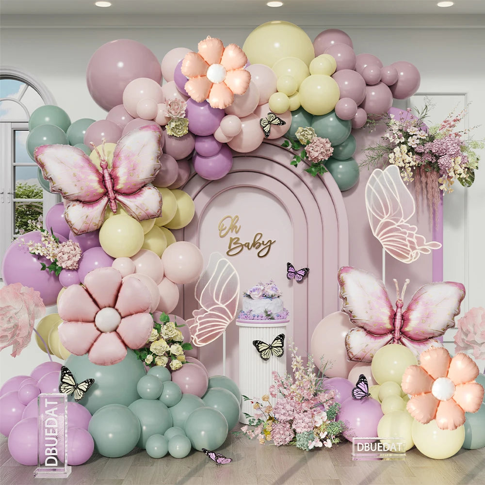 107Pcs Butterfly Daisy Balloon Garland Kit Twilight Green Purple Balloon Birthday Wedding  Party Decoration Baby Shower Supplies