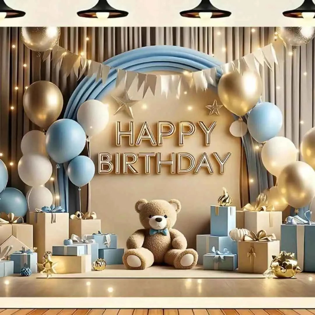 1 "Happy Birthday" background banner - a vibrant party decoration featuring balloons, gift boxes and teddy bear designs
