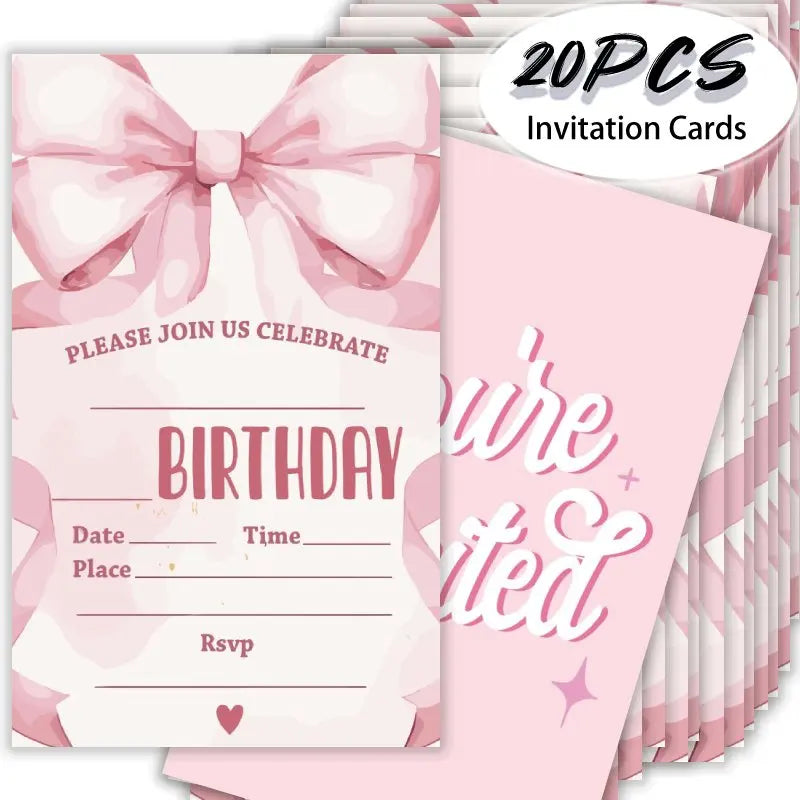 20pcs, Cute cartoon bow birthday invitation card, 20 girl themed birthday invitation cards
