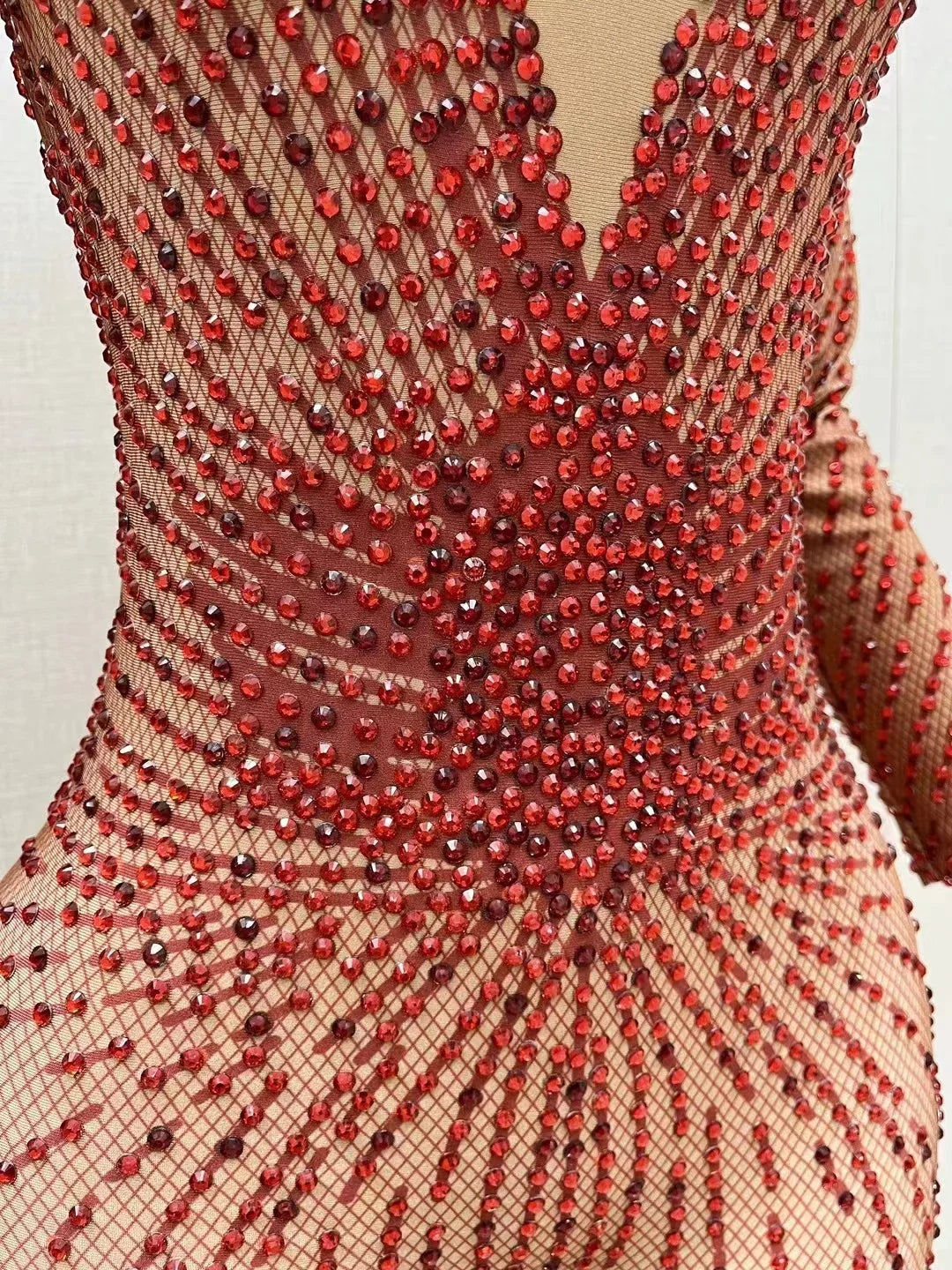 Crimson Red Rhinestone Catsuit Long Sleeve Illusion Stage Performance Jumpsuit