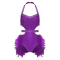 Glittery Rhinestone & Faux Feather Latin Dance Leotard Halter Bodysuit