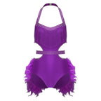 Glittery Rhinestone & Faux Feather Latin Dance Leotard Halter Bodysuit