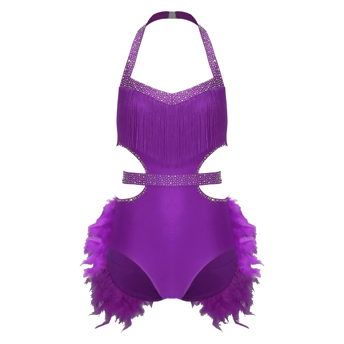 Glittery Rhinestone & Faux Feather Latin Dance Leotard Halter Bodysuit