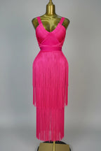Hot Pink Asymmetrical Fringe Bandage Midi Dress & One-Shoulder Gala Party Dress