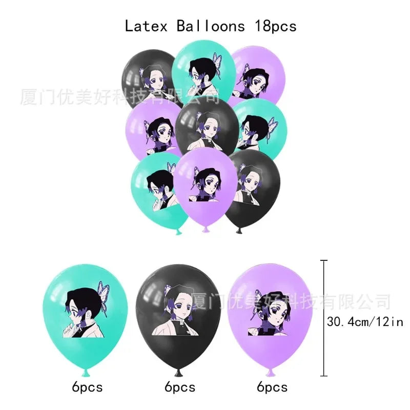 Demon Slayer Anime Kochou Shinobu Party Set Supplies Kimetsu No Yaiba Balloon Girl's Birthday Decoration Banner Cake Topper Gift